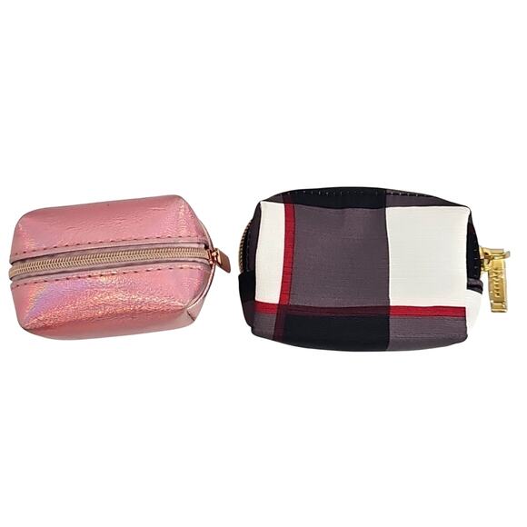 Two Stylish One Pink Faux Leather and One Black Gray White Red Mini Pouch Set - Picture 2 of 7